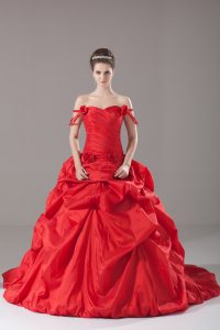Red Sleeveless Brush Train Ruching and Pick Ups and Hand Made Flower Sweet 16 Quinceanera Dress