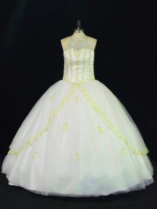 Most Popular Floor Length Yellow And White Quinceanera Dress Halter Top Sleeveless Lace Up