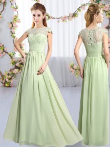 Yellow Green Scoop Neckline Lace Vestidos de Damas Cap Sleeves Clasp Handle