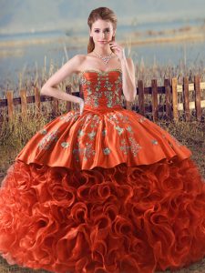 Pretty Floor Length Ball Gowns Sleeveless Orange Red Quince Ball Gowns Brush Train Lace Up