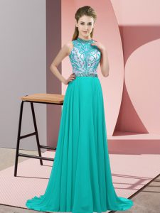 Empire Sleeveless Turquoise Evening Wear Brush Train Backless