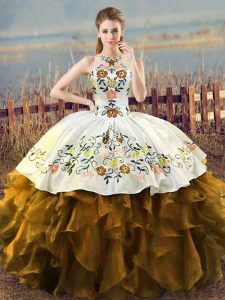 Fabulous Brown Organza Lace Up Halter Top Sleeveless Floor Length 15 Quinceanera Dress Embroidery and Ruffles