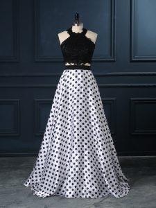 Perfect White And Black Two Pieces Scoop Sleeveless Printed Zipper Lace Dress for Prom