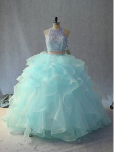 High Class Floor Length Two Pieces Sleeveless Light Blue Sweet 16 Quinceanera Dress Backless