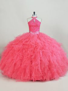Pink Tulle Lace Up Sweet 16 Dress Sleeveless Beading and Ruffles