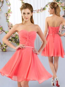 Watermelon Red Chiffon Lace Up Vestidos de Damas Sleeveless Mini Length Ruching