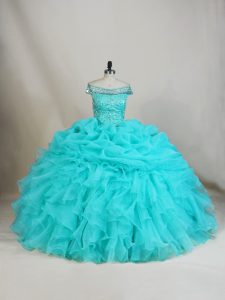 Aqua Blue Sleeveless Beading and Ruffles Floor Length Ball Gown Prom Dress