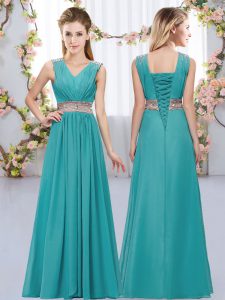 Stylish Sleeveless Floor Length Beading and Belt Lace Up Quinceanera Court Dresses with Teal