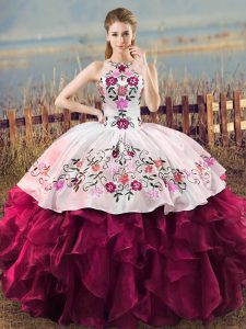 Floor Length Fuchsia Quinceanera Dress Organza Sleeveless Embroidery and Ruffles