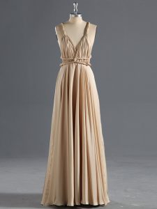 Champagne Straps Criss Cross Ruching Evening Gowns Sleeveless