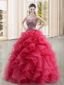 High Quality Floor Length Coral Red 15 Quinceanera Dress Sweetheart Sleeveless Lace Up