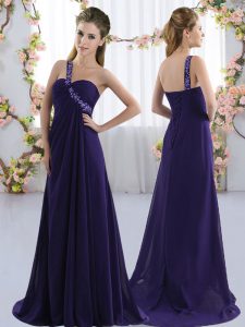 Custom Design Purple Damas Dress Prom and Party and Wedding Party with Beading One Shoulder Sleeveless Brush Train Lace Up