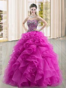 Sleeveless Organza Floor Length Lace Up Ball Gown Prom Dress in Fuchsia with Beading and Ruffles