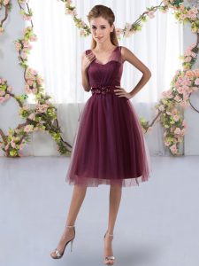 Elegant Sleeveless Knee Length Appliques Zipper Damas Dress with Burgundy
