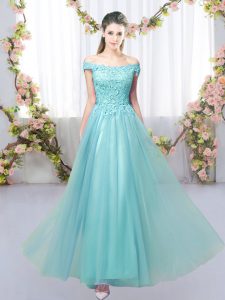 Chic Floor Length Aqua Blue Quinceanera Court Dresses Off The Shoulder Sleeveless Lace Up