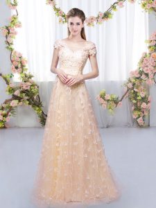 Enchanting Peach Off The Shoulder Lace Up Appliques Dama Dress for Quinceanera Cap Sleeves