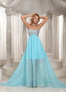 Prom Dress With Aque Blue Sweetheart Beaded Brush Train For Party