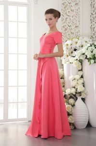 Scoop Short Sleeves Beaded Coral Red Prom Celebrity Dress