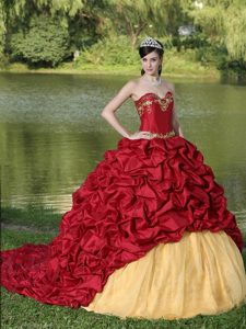 Wine Red Appliques and Pick-ups Quinceanera Dress with Brush Train
