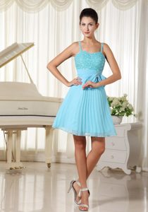 Spaghetti Straps Bow Pleated Aqua Blue Short Prom Dress