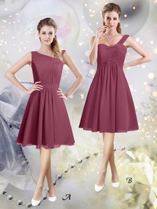 Hot Selling Burgundy Asymmetric Zipper Ruching Damas Dress Sleeveless
