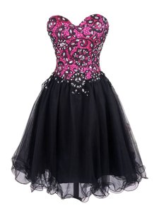 Pink And Black Sleeveless Mini Length Beading and Lace Zipper Prom Dress