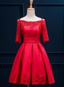 Charming Off the Shoulder Red Lace Up Homecoming Dress Appliques and Pleated Half Sleeves Mini Length