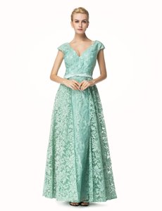 Fitting Lace Turquoise V-neck Zipper Pleated Homecoming Dress Cap Sleeves
