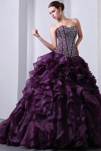 Beaded Purple Organza Ruffles Brush Train Dresses For Quinceanera
