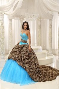 Sweetheart Beading Leopard Fabric Pick Ups Brush Train Quinceanera Gown