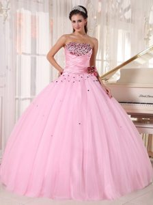 Tulle Strapless Beading Ruches Baby Pink Puffy Quinceaneras Gowns