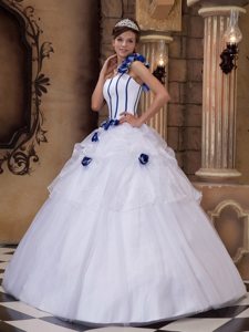 Satin and Tulle One Shoulder Hand Made Flowers White Quinceanera Dress