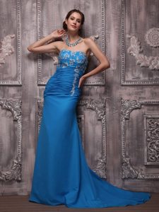 Blue Column Brush Chiffon Appliques Prom Dress with Ruching