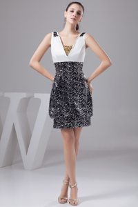 White and Black V-neck Beading Taffeta Short Prom Nightclub Dress