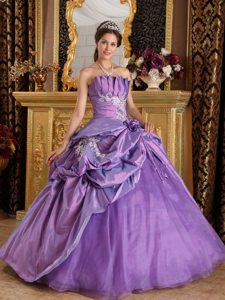 Pleated Bust Strapless Appliques Handmade Flowers Lavender Quince Dress