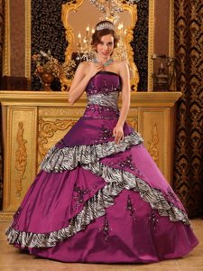 Taffeta Embroidery Strapless Fuchsia Quinceanera Gown with Zebra Print
