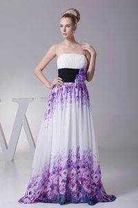 Popular Printing Ruched Flowers Colorful Prom Maxi Dresses