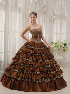 Brown Quinceanera Dress with Ruffled Layer and Leopard Print