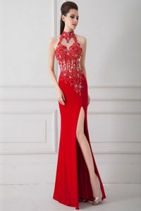 Silk Like Satin Sleeveless Floor Length Prom Dress and Beading and Appliques