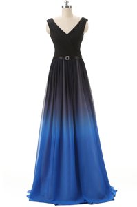 Beautiful Blue And Black Empire Beading Prom Gown Lace Up Chiffon Sleeveless