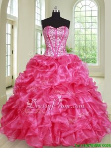 Admirable Hot Pink Vestidos de Quinceanera Military Ball and Sweet 16 and Quinceanera and For withBeading and Ruffles Sweetheart Sleeveless Lace Up