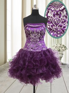 A-line Dress for Prom Dark Purple Strapless Organza Sleeveless Mini Length Lace Up