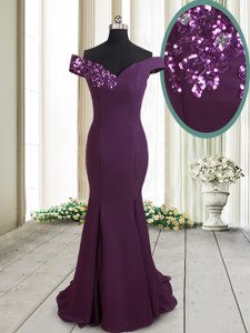 Mermaid Off the Shoulder Dark Purple Dress for Prom Chiffon Brush Train Sleeveless Beading and Sequins