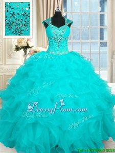 Cute Floor Length Aqua Blue Sweet 16 Dresses Straps Cap Sleeves Lace Up