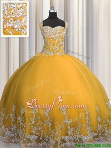 Free and Easy Gold Straps Neckline Beading and Appliques Quinceanera Gown Sleeveless Lace Up