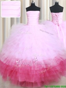 Best Pink And White Lace Up Strapless Ruffled Layers Sweet 16 Quinceanera Dress Tulle Sleeveless