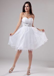 White Ruching Sweetheart Beaded Waist A-Line Prom Dress in Organza