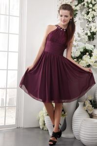 Burgundy Empire High-neck Knee-length Chiffon Beading Prom Dress