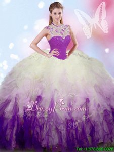 Noble Floor Length Zipper Sweet 16 Dress White And Purple and In forMilitary Ball and Sweet 16 and Quinceanera withBeading and Ruffles