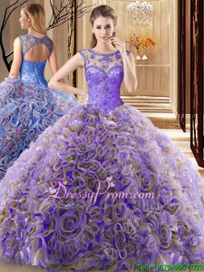 Custom Designed Scoop Sleeveless Fabric With Rolling Flowers Quinceanera Dresses Beading Brush Train Lace Up
